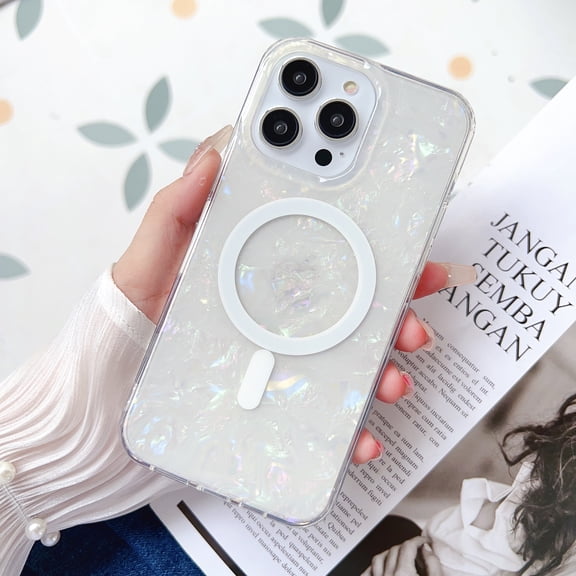 Magnetic Case for iPhone 15 Plus [Compatible for MagSafe], Sparkle Bling with Pearl Shell Pattern Design for Women Girls, Hard PC TPU Shockproof Protective Cover for iPhone 15 Plus, White