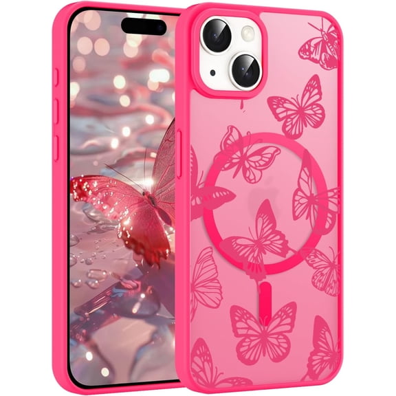Magnetic Case for iPhone 15 Plus [Compatible with Magsafe], Cute Butterfly Pattern Case for Women Girls, Trendy Soft Slim Shockproof Protective Phone Cases Cover, Rose Red