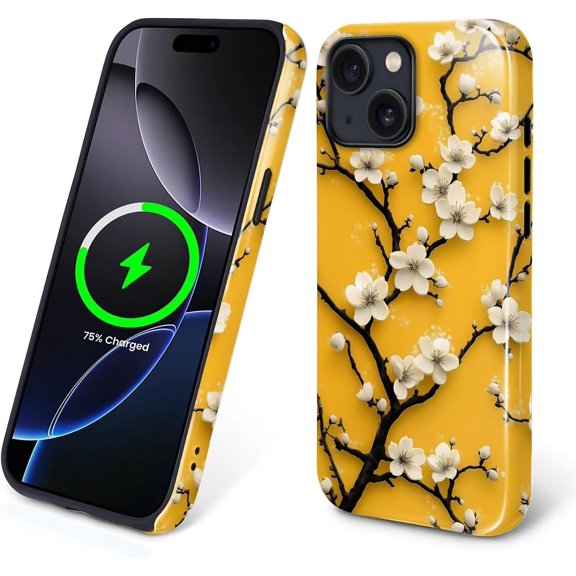 Magnetic Case for iPhone 15 Plus, Compatible with Magsafe Hybrid Heavy Duty 2 in 1 Full Body Rugged Shockproof Protection Glossy Case for iPhone 15 Plus Elegant Yellow Apricot Blossom