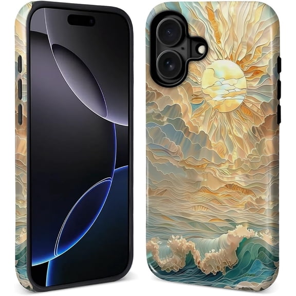 Magnetic Case for iPhone 15 Plus | Compatible with Magsafe Shockproof Hard Shell + Soft Silicone, Anti-Slip Grip & Drop Protection | Ocean Waves Sun Rays Stained Glass
