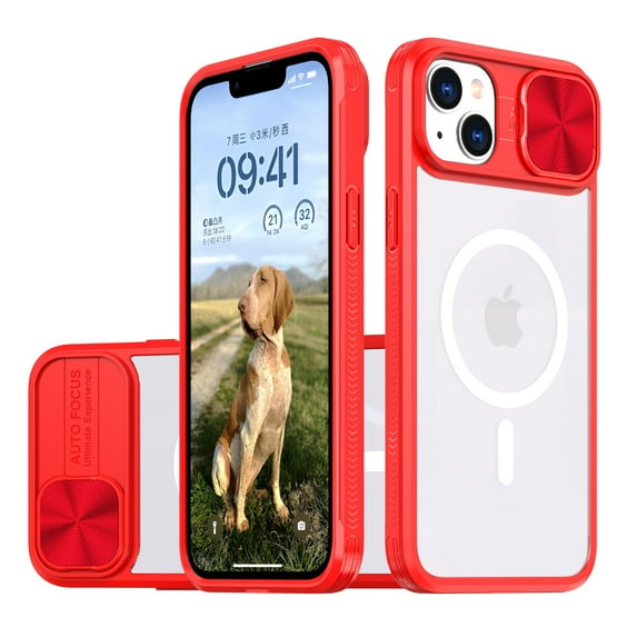 Magnetic Case for iPhone 15 Plus, Crystal Clear Rugged PC Acrylic Hybrid Shockproof Case with Camera Lens Sliding Cover Support Wireless Charging Protective Case for iPhone 15 Plus, Red