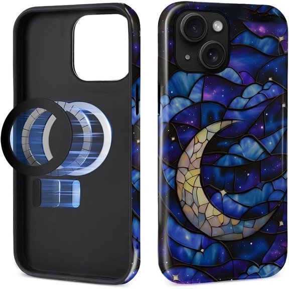 Magnetic Case for iPhone 15 Plus Design, Compatible with MagSafe, Slim Protective Soft TPU Bumper Phone Cover Women Girls Case for iPhone 15 Plus-Celestial Stained Glass Moon Stars