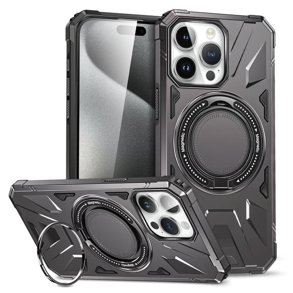 Magnetic Case for iPhone 15 Pro, Compatible with Mag-Safe Kickstand Case Military Grade Shockproof Protective Cover Rugged Phone Case with Rotated Ring Bracket for iPhone 15 Pro, Gray