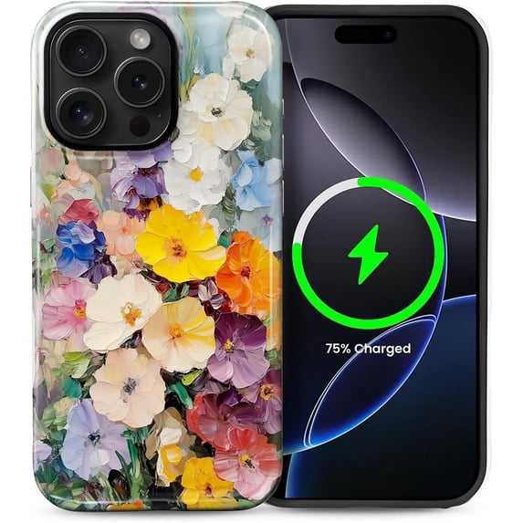 Magnetic Case for iPhone 15 Pro, Compatible with MagSafe Hybrid Heavy Duty 2 in 1 Full Body Rugged Shockproof Protection Glossy Case Oil Painting Flowers Garden