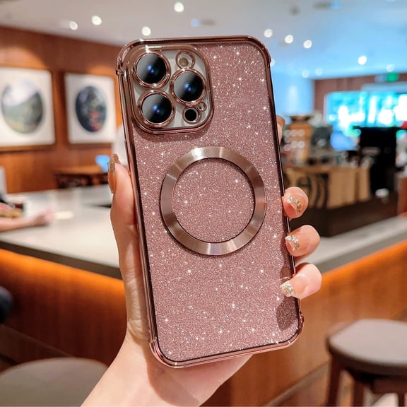 Magnetic Case for iPhone 15 Pro, [Compatible with MagSafe] Non-Yellowing Glitter Shining Paper Clear Case for Women Girls, Rugged Shockproof Protection Phone Cover for iPhone 15 Pro, Pink