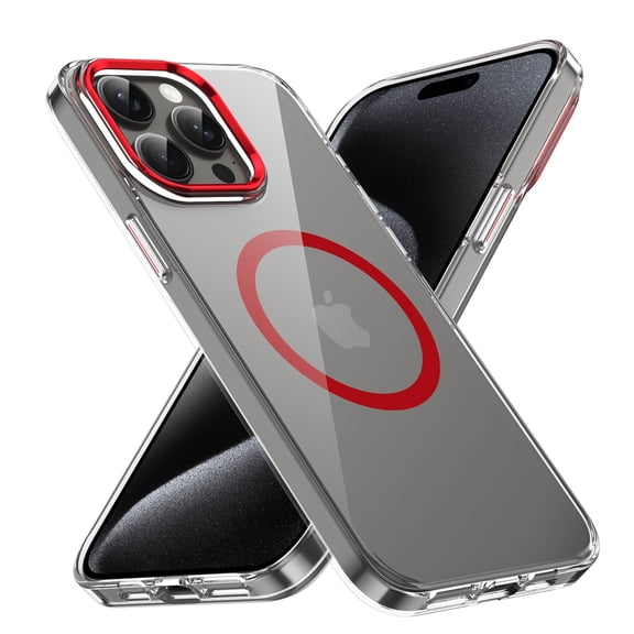 Magnetic Case for iPhone 15 Pro Compatible with MagSafe Wireless Charging, Drop Proof,Rugged,Anti-Yellowing,Shockproof Phone Bumper Cover, Anti-Scratch Clear Back,Hard Phone Case,Red