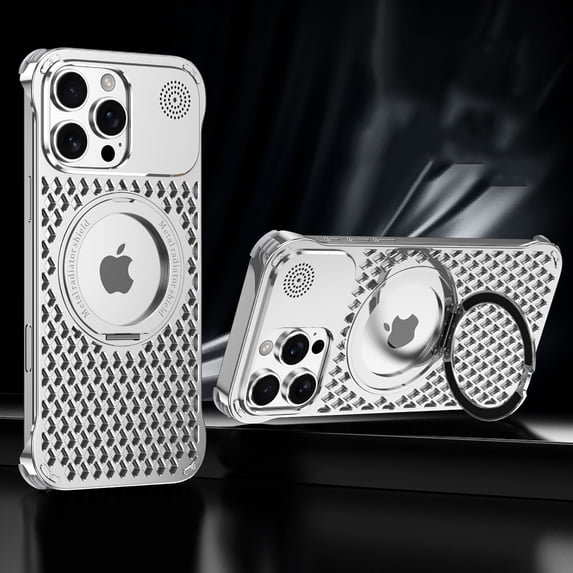 Magnetic Case for iPhone 15 Pro, Heat Dissipation, Adjustable Ring Holder Kickstand Cover, Cooling Hollow Design Metal Drop Protection Rugged Phone Case for iPhone 15 Pro, Silver
