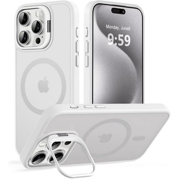 Magnetic Case for iPhone 15 Pro with Kicstand, Compatible with Magsafe, Built-in Camera Stash Stand, Military Protection, Skin Feeling Phone Case for iPhone 15 Pro 6.1inch, Frosted White