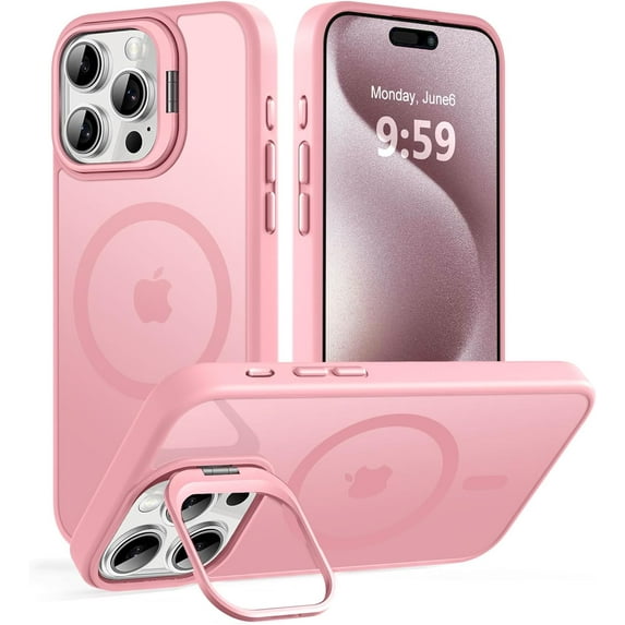 Magnetic Case for iPhone 15 Pro with Kicstand, Compatible with Magsafe, Built-in Camera Stash Stand, Military Protection, Skin Feeling Phone Case for iPhone 15 Pro 6.1inch, Pink