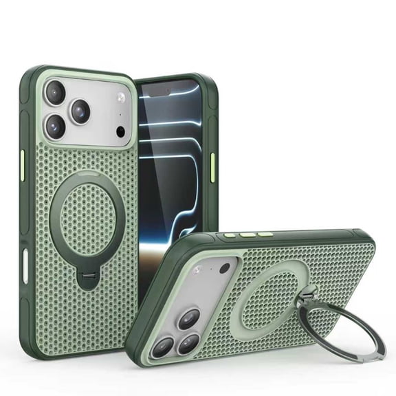 Magnetic Case For iPhone 15 Pro Max, Breathable Honeycomb Mesh Heat Dissipation Cover with 360 Rotatable Ring Kickstand, Shockproof Protective Phone Case Compatible with MagSafe,Green