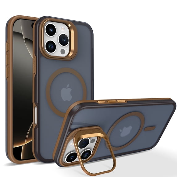 Magnetic Case for iPhone 15 Pro Max with Camera Cover Kickstand, Matte Shock-Absorbent PC+TPU Protective Anti-Scratch Anti-Fingerprint Lightweight Phone Cover, Compatible with MagSafe, Brown