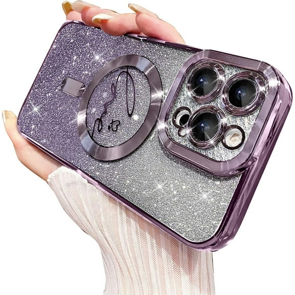Magnetic Case for iPhone 15 Pro Max Case,Compatible with MagSafe,Luxury Glitter Plating Heart Camera Protection Shockproof Rubber Soft Protective Case for Women Girls (Purple)