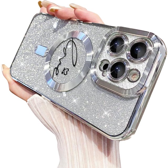 Magnetic Case for iPhone 15 Pro Max Case,Compatible with MagSafe,Luxury Glitter Plating Heart Camera Protection Shockproof Rubber Soft Protective Case for Women Girls (Silver)