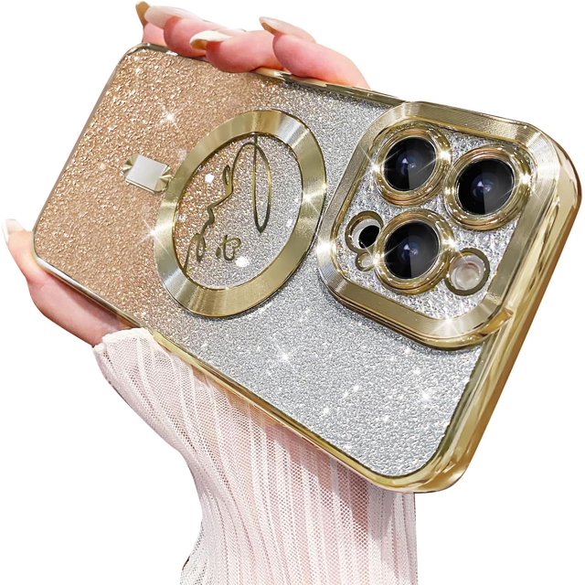 Magnetic Case for iPhone 15 Pro Max Case,Compatible with MagSafe,Luxury Glitter Plating Heart Camera Protection Shockproof Rubber Soft Protective Case for Women Girls (Gold)