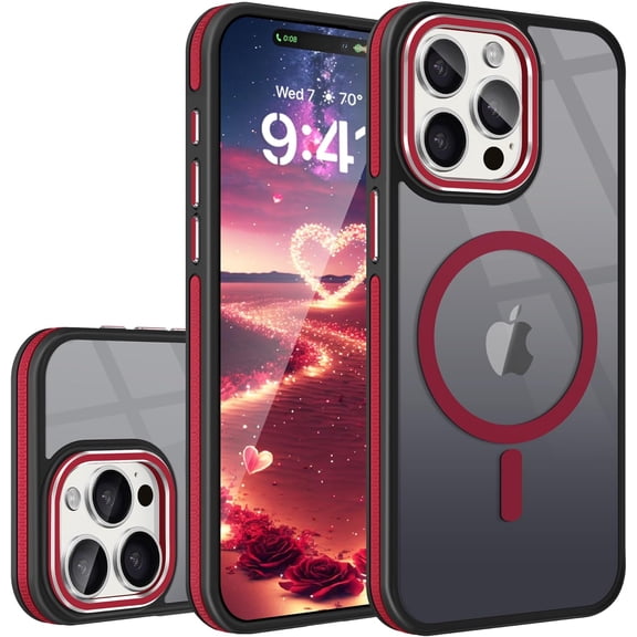Magnetic Case for iPhone 15 Pro Max Case[Compatible with Magsafe] 15FT Drop Tested Hard Back Soft TPU Rugged Bumper Antiscratch Protective Slim Translucent Matte Cover for iPhone 15 ProMax,Red