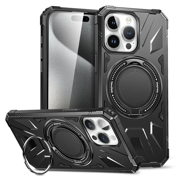 Magnetic Case for iPhone 15 Pro Max, Compatible with Mag-Safe Kickstand Case Military Grade Shockproof Protective Cover Rugged Phone Case with Rotated Ring Bracket for iPhone 15 Pro Max, Black