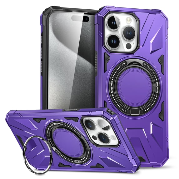 Magnetic Case for iPhone 15 Pro Max, Compatible with Mag-Safe Kickstand Case Military Grade Shockproof Protective Cover Rugged Phone Case with Rotated Ring Bracket for iPhone 15 Pro Max, Purple
