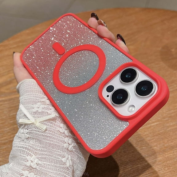 Magnetic Case for iPhone 15 Pro Max, Compatible with Mag-safe - [TPU Anti-Slip Edge] [Shockproof Protection] Hard Slim Magnet Protective Bling Gradient Glitter Cover for iPhone 15 Pro Max,Red
