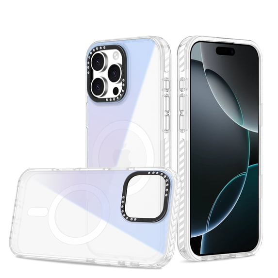 Magnetic Case for iPhone 15 Pro Max, Compatible with MagSafe Charging Soft TPU Bumper Slim Shockproof Protective Cute PC Back Cover for iPhone 15 Pro Max, Diamond Metal Camera Frame, Clear