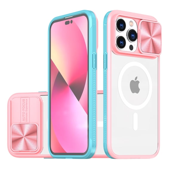 Magnetic Case for iPhone 15 Pro Max, Crystal Clear Rugged PC Acrylic Hybrid Shockproof Case with Camera Lens Sliding Cover Support Wireless Charging Protective Case, Pink