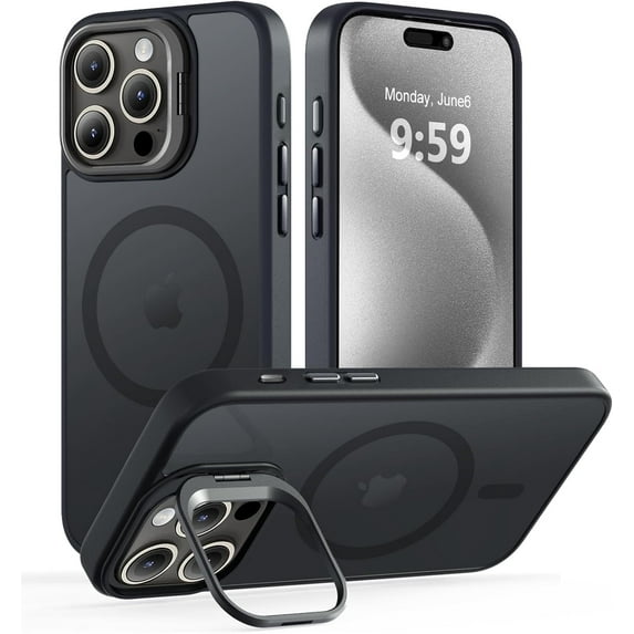 Magnetic Case for iPhone 15 Pro Max with Kicstand, Compatible with Magsafe, Built-in Camera Stash Stand, Military Protection, Skin Feeling Phone Case for iPhone 15 Pro Max, Black