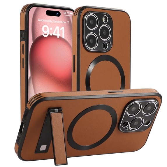 Magnetic Case for iPhone 15 Pro Max, Support Car Mount, Compatible with Magsafe, with Built-in Invisible Kickstand, Slim Hybrid Shockproof Protective Phone Cover for iPhone 15 Pro Max, Brown
