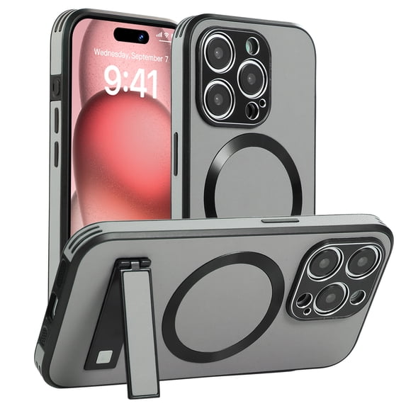 Magnetic Case for iPhone 15, Support Car Mount, Compatible with Magsafe, with Built-in Invisible Kickstand, Slim Hybrid Shockproof Protective Phone Cover for iPhone 15, Gray