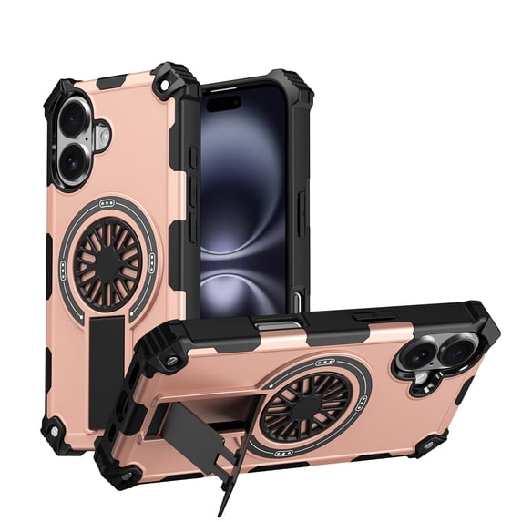 Magnetic Case for iPhone 15, Support Wireless Charging, Rugged Durable Phone Case with Built-in Kickstand, Anti-Slip Cover Military Grade Drop Protection Case for iPhone 15, Rosegold