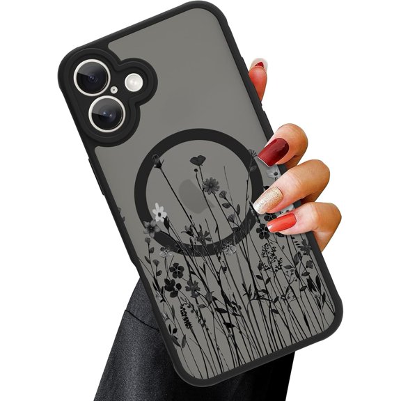 Magnetic Case for iPhone 16 (6.1") with Screen Protector, Cute Floral Design for Women & Girls, [MagSafe Compatible] Slim Translucent Matte Black Cover, Camera Protection, Chic & Stylish