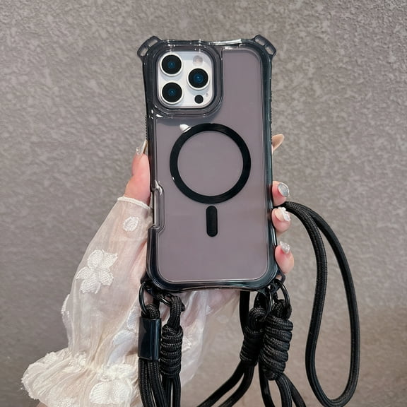 Magnetic Case for iPhone 16, Clear Back Case Shockproof Enhanced Corners Drop Protective Phone Cover with Detachable Lanyard and Wrist Hand Strap, Compatible with Mag-Safe, Black