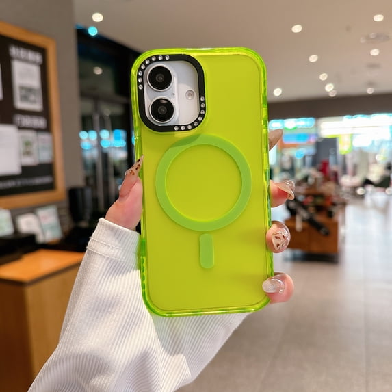 Magnetic Case for iPhone 16, Compatible with MagSafe Charging Soft TPU Bumper Slim Shockproof Protective Cute PC Back Cover for iPhone 16, Diamond Metal Camera Frame, Green