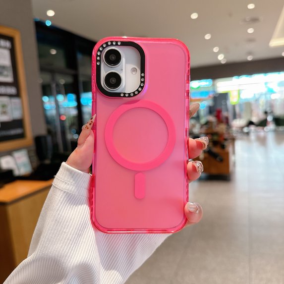 Magnetic Case for iPhone 16, Compatible with MagSafe Charging Soft TPU Bumper Slim Shockproof Protective Cute PC Back Cover for iPhone 16, Diamond Metal Camera Frame, Pink