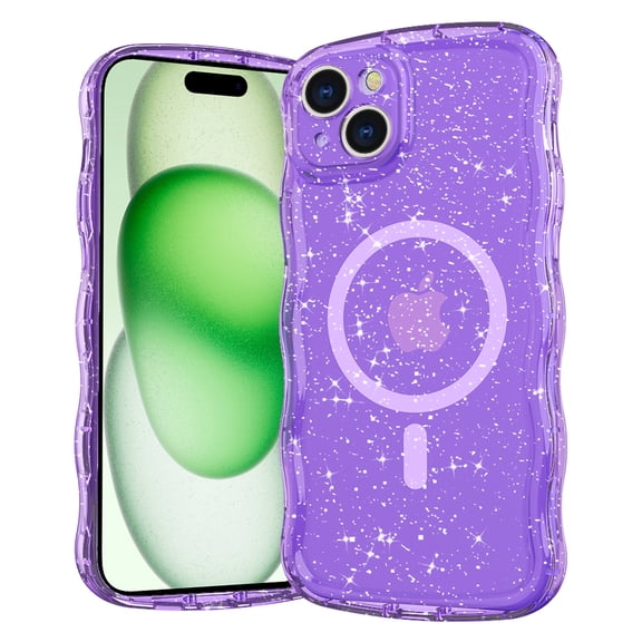 Magnetic Case for iPhone 16, Compatible with MagSafe, Magnetic Clear Curly Wavy Frame Wave Sparkly Bling Glitter Transparent TPU PC Girls Women Case for iPhone 16, Purple
