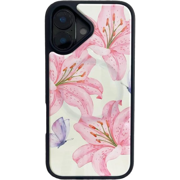 Magnetic Case for iPhone 16, Cute Butterfly Pink Lily Flower Pattern for Women & Girls, Compatible with MagSafe, Glossy Hard PC Back Shockproof Cover - Black