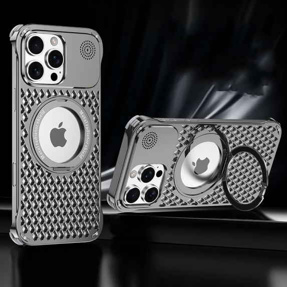 Magnetic Case for iPhone 16, Heat Dissipation, Adjustable Ring Holder Kickstand Cover, Cooling Hollow Design Metal Drop Protection Rugged Phone Case for iPhone 16, Gray