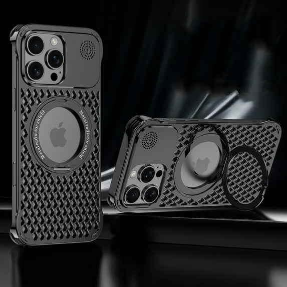 Magnetic Case for iPhone 16, Heat Dissipation, Adjustable Ring Holder Kickstand Cover, Cooling Hollow Design Metal Drop Protection Rugged Phone Case for iPhone 16, Black