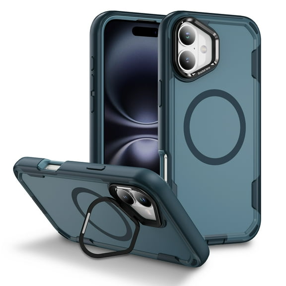 Magnetic Case for iPhone 16 with Kickstand, Compatible with Magsafe, Built-in Camera Stash Stand, Military Protection, Skin Feeling Hybrid Phone Case for iPhone 16, Royal Blue + Blue