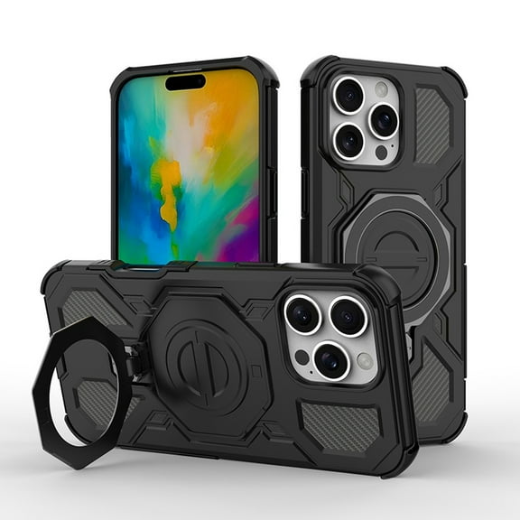 Magnetic Case for iPhone 16, Metal Kickstand, Wireless Charging Support, Military-Grade Drop Protection, Shockproof Protective Phone Case with Ring Holder for iPhone 16, Black