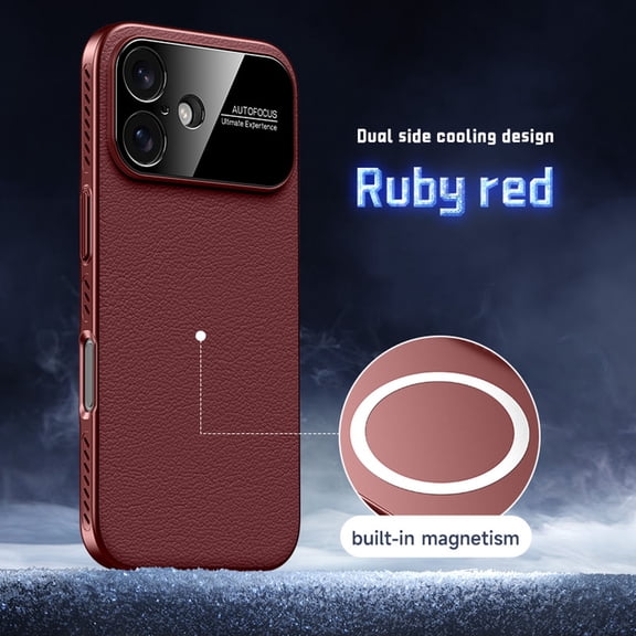 Magnetic Case for iPhone 16, Plain PU Leather Cover Support Wireless Charging, Heat Dissipation Drop Protection Shockproof Shell Protective Phone Case for iPhone 16, Winered