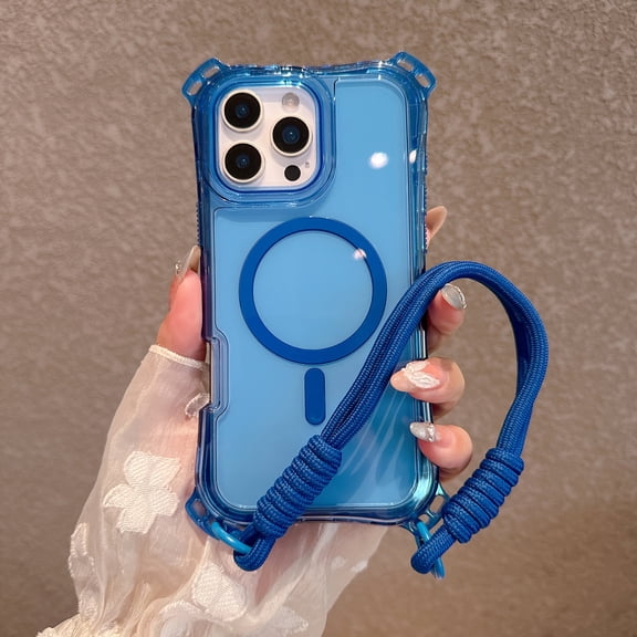Magnetic Case for iPhone 16 Plus, Clear Back Case Shockproof Enhanced Corners Drop Protective Phone Cover with Detachable Lanyard and Wrist Hand Strap, Compatible with Mag-Safe, Blue