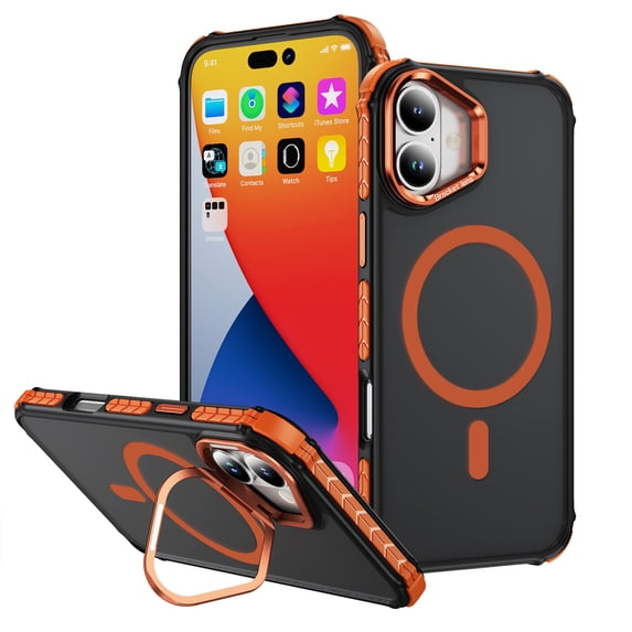 Magnetic Case for iPhone 16 Plus, Compatible with MagSafe Accessories, Built-in Metal Camera Ring Stand, Military-Grade Protection, Strong Magnets Slim Shockproof Skin Friendly, Orange