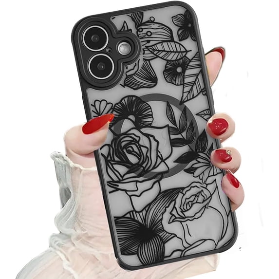 Magnetic Case for iPhone 16 Plus, Compatible with MagSafe, Cute Black Floral Pattern Women Girls Thin Case Translucent Forst Clear Back Soft TPU Bumper Shockproof Protective Slim Cover, Roses