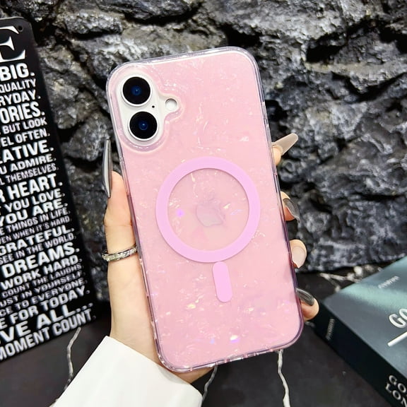 Magnetic Case for iPhone 16 Plus [Compatible for MagSafe], Sparkle Bling with Pearl Shell Pattern Design for Women Girls, Hard PC TPU Shockproof Protective Cover for iPhone 16 Plus, Pink