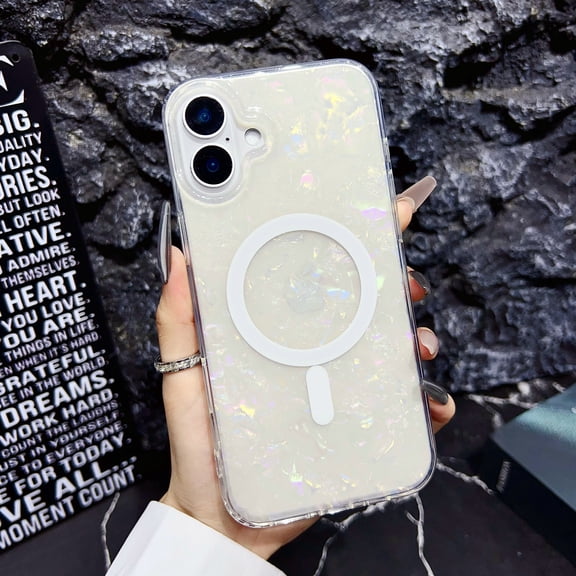 Magnetic Case for iPhone 16 Plus [Compatible for MagSafe], Sparkle Bling with Pearl Shell Pattern Design for Women Girls, Hard PC TPU Shockproof Protective Cover for iPhone 16 Plus, White