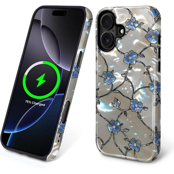 Magnetic Case for iPhone 16 Plus, Compatible with Magsafe PC Hard Shell & Silicone Inner Bumper Anti-Scratch Full-Body Cover Shockproof Slim Design Pretty Wildflowers Abalone Mother of Pearl