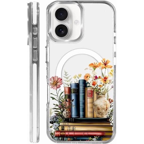 Magnetic Case for iPhone 16 Plus Design On Clear Base, Compatible with MagSafe, Slim Protective Soft TPU Bumper Phone Cover Women Girls Case for iPhone 16 Plus-Clear Book Lover Flower