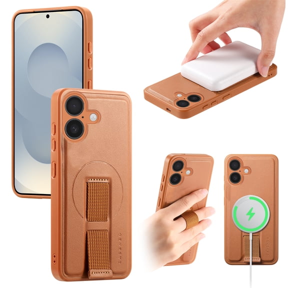 Magnetic Case for iPhone 16 Plus with [Wristband Strap] [Compatible with Mag-Safe] Camera Screen Raised Protection [Military Grade Drop Protection] Heavy Duty Shockproof Phone Case, Brown