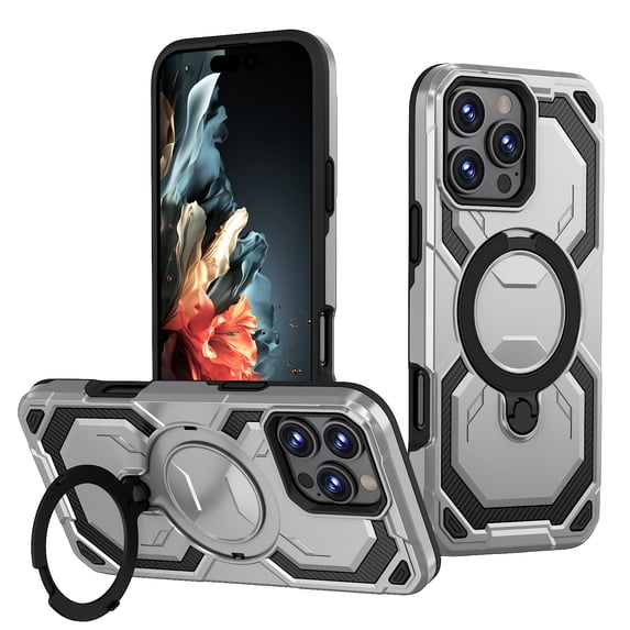 Magnetic Case for iPhone 16 Pro with 360 Rotating Stand,Compatible with Magsafe,Military Grade Protection,Shockproof Case with Kickstand & Ring Stand Heavy Duty Phone Cover,Gray