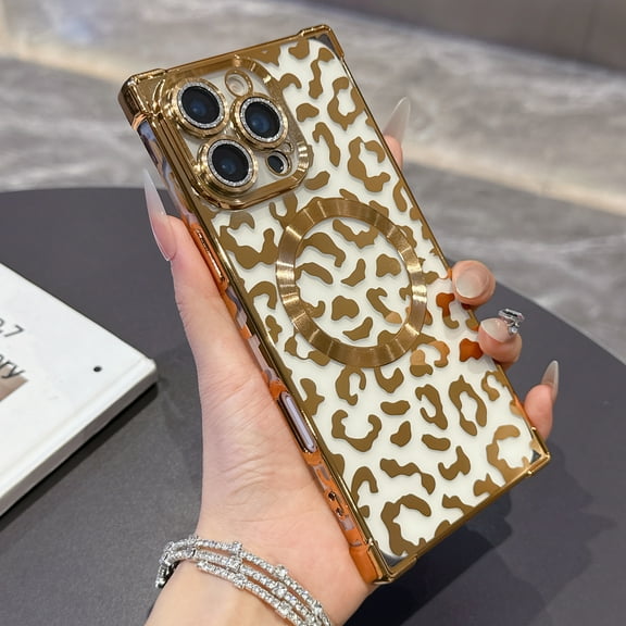Magnetic Case for iPhone 16 Pro [Compatible with Mag-Safe] Leopard Pattern Design Plating Clear Case for Women Girls, Flexible TPU Bumper Anti-Fall Shockproof Protective Slim Cover, Gold
