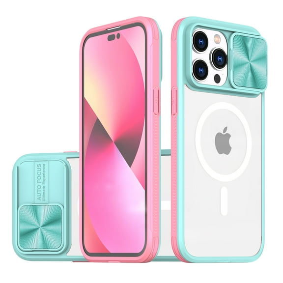 Magnetic Case for iPhone 16 Pro, Crystal Clear Rugged PC Acrylic Hybrid Shockproof Case with Camera Lens Sliding Cover Support Wireless Charging Protective Case, Skyblue